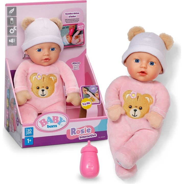 Papusa interactiva Zapf Creation Baby Born Rosy cu sunete roz 30cm