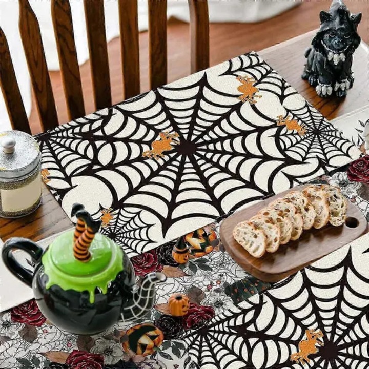 Suporturi de masa din in, design Halloween cu panza de paianjen si paianjeni, Multicolor, set 4 buc., 45 x 30 cm