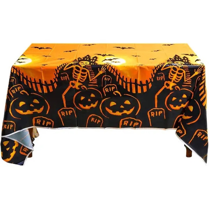 ISINI-CJ-K0497 terítő, tartós, vízálló és újrafelhasználható PVC-ből, Halloween mintával, tökökkel, csontvázakkal és denevérekkel, narancs/fekete