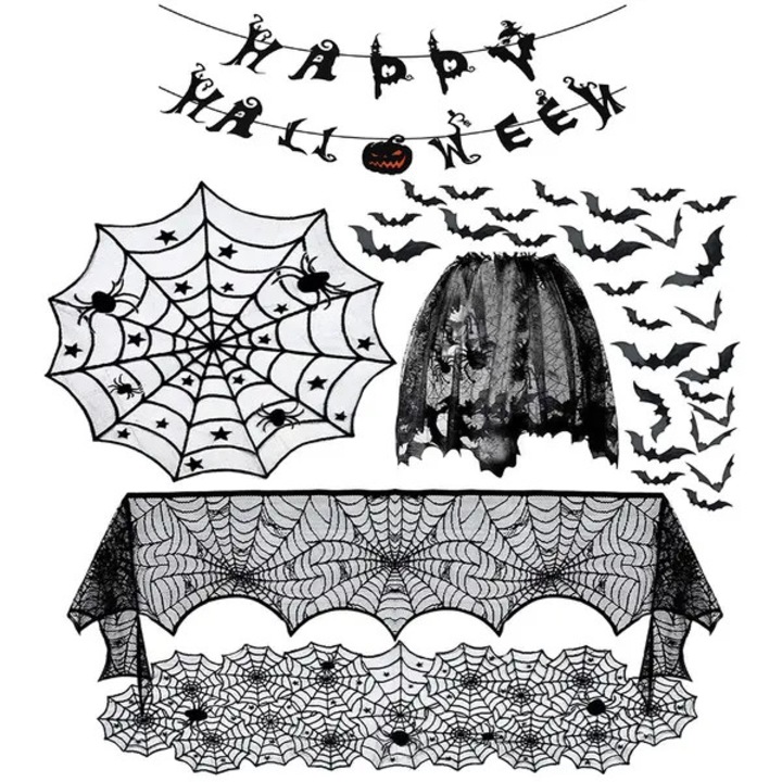 Halloween dekorációs szett ISINI-CJ-K0497-260826-3071, poliészter csipke pókháló mintával, tartalmaz 183x46 cm-es asztali futót, O102 cm-es kerek asztalterítőt, 46x244 cm-es kandalló sálat, 51x152 cm-es lámpaernyőt, 36 denevér matricát, fekete