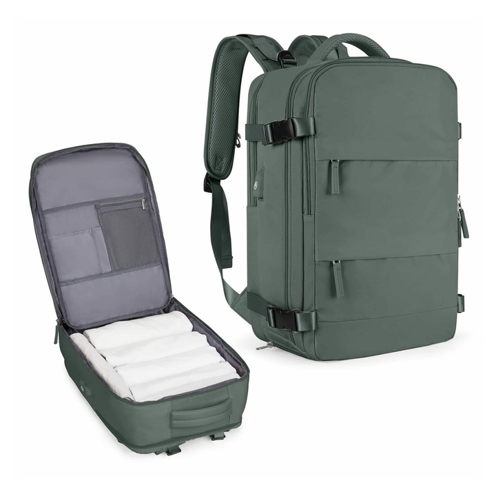 Rucsac de calatorie cu port USB, compartiment pentru incaltaminte, verde inchis, 14 inch