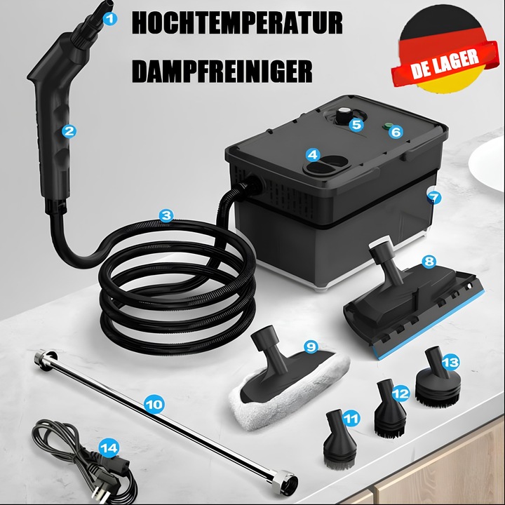 Aparat de curatat cu abur, Bedee, 2500W, 1500ml, presiune 3 bar, incalzire 10 secunde, 6 moduri, 14 accesorii incluse, Potrivit pentru curatarea casei si a masinii, negru