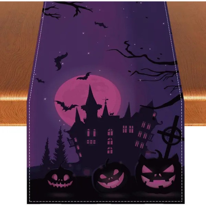 Vászon asztali futó Halloweenre temető és tök mintával, lila, 33 x 183 cm