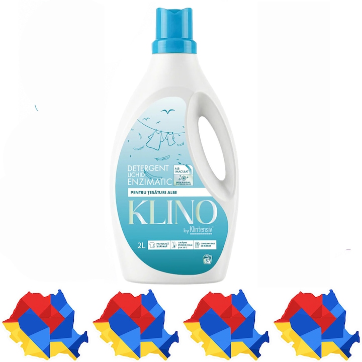 Detergent lichid enzimatic pentru rufe albe KLINO Klintensiv, eficient de la 20°C, fabricat in Romania, parfum revigorant, prospetime de durata, 57 spalari, 2 L, 4x Stickere