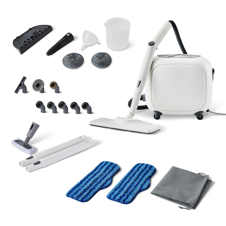 Aparat de curățat cu abur, Amazon Basics, 1500 W, 1, 5 l, alb, 22 accesorii