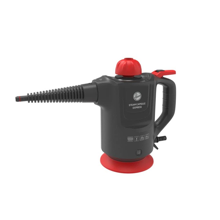 Aparat de curatat cu abur Hoover SGE1000, abur uscat pentru textile, abur umed pentru suprafete dure, accesorii extinse, 1000 W, 4 bar, rezervor 0,37 l, 20 min, cablu 5 m, rosu, titan si rosu