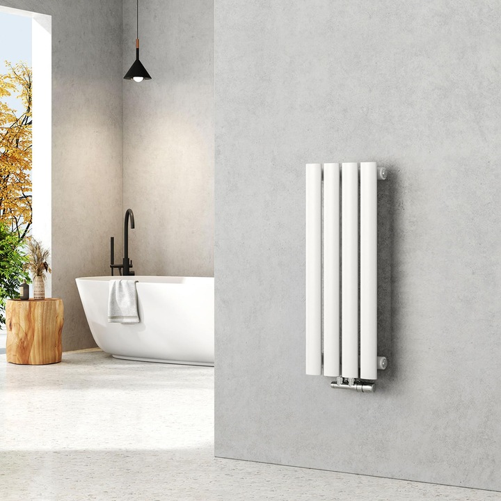 Radiator EMKE design oval 600x240mm, calorifer tubular mic cu conexiune centrala, incalzire cu un singur strat alb 166 wati
