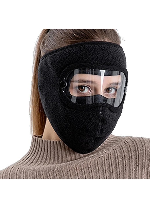 Caciula de iarna din fleece cu masca si ochelari integrati, negru, marime unica