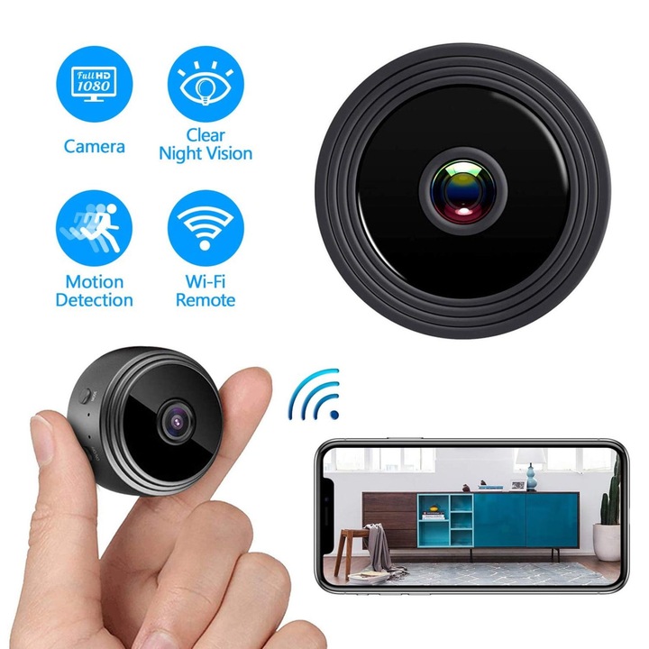 Мини WiFi камера 1080P, черна, 1.7x см, нощно виждане, широк ъгъл 150°