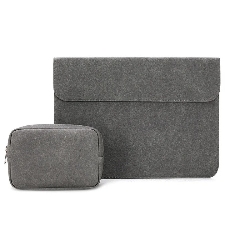 Husa laptop YANYXR 13-14.2 inch, piele PU, gri inchis, rezistenta la socuri si apa