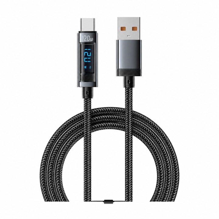 Essager gyorstöltő kábel, USB-A – USB-C, 120W, 6A, LED digitális kijelző, fonott nylon, 2 m, Szürke
