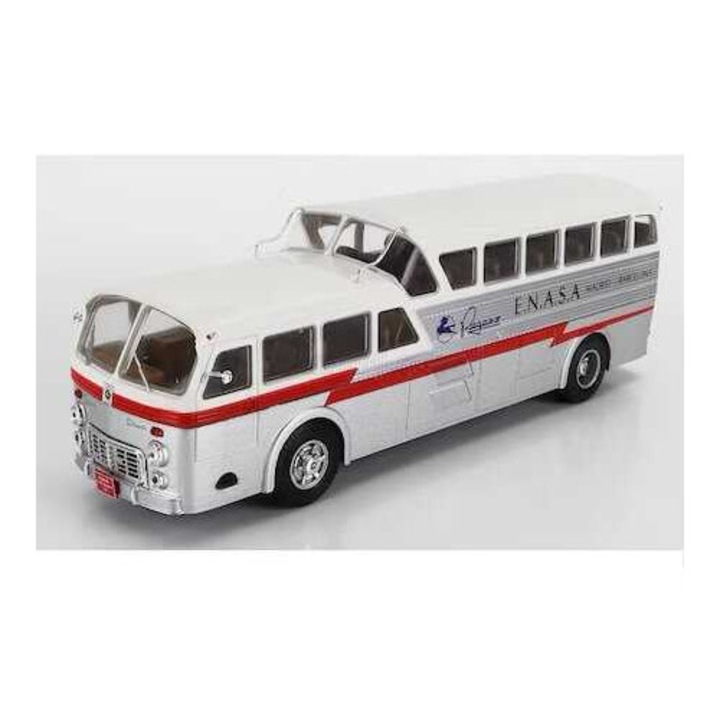 Pegaso e.n.a.s.a. busz makett, Madrid - Barcelona busz, 1/43 méretarány, ezüst és krém színű, 25 cm