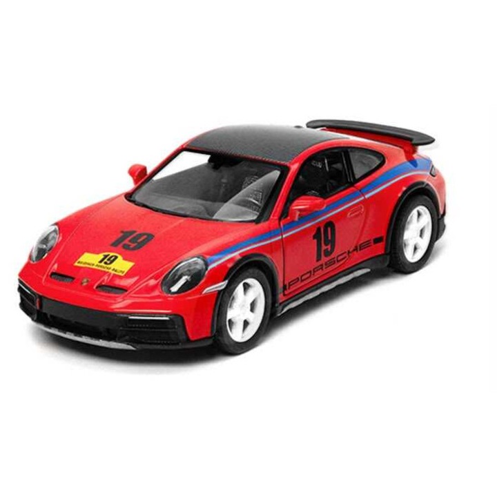 Porsche 911 rallye modellautó speciális grafikával, 1/32-38 méretarány, piros