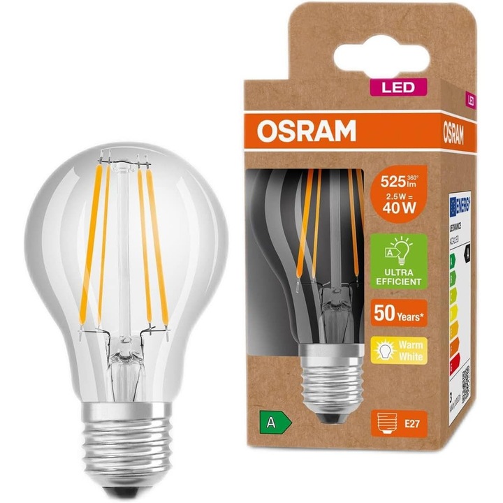 Bec LED Osram Filament E27 2.5W Meleg Fehér 3000K - Energiatakarékos