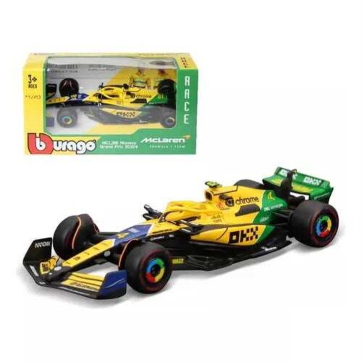 Formula 1 2024 McLaren MCL38 #4 Lando Norris modellautó, 4. helyezés a Monacói Nagydíjon, Senna 30 éves évfordulós grafika, 1/43 méretarány, sárga, zöld és kék