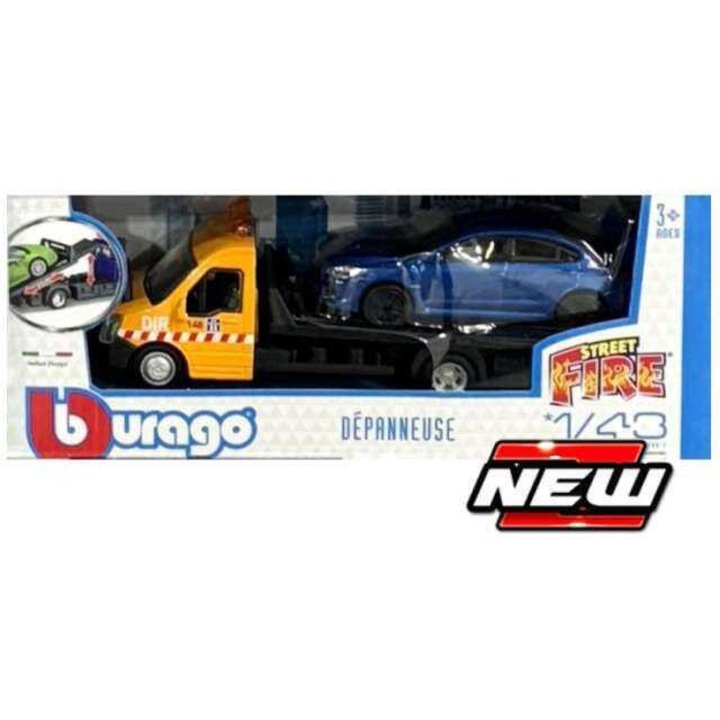 Autószállító makett platformmal és 2017 Subaru WRX STI-vel, 1/43 méretarány, narancssárga és kék
