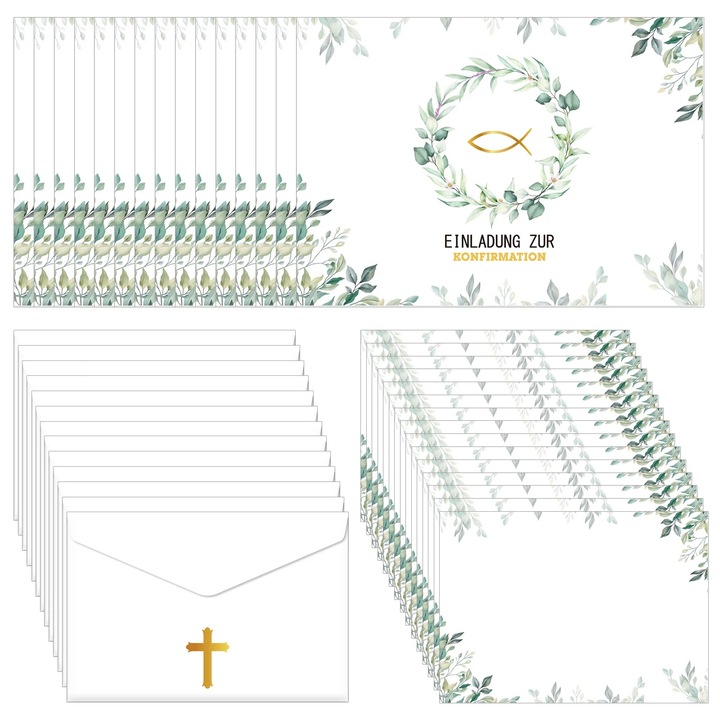 Set 15 YANYXR zöld elsőáldozási meghívó 10.5x14.8cm borítékkal