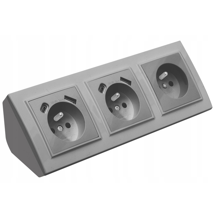 Priza Tripla Mobilier Colt Bucatarie USB Tip C Birou Gri