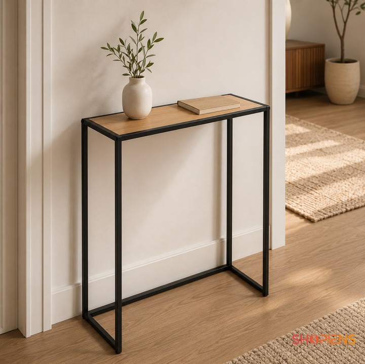 Masuta Ingusta Pentru Canapea Cu Cadru Metalic Negru Si Blat MDF Maro Masa Auxiliara Dreptunghiulara Living Hol 56X26X66 Cm Shopiens®