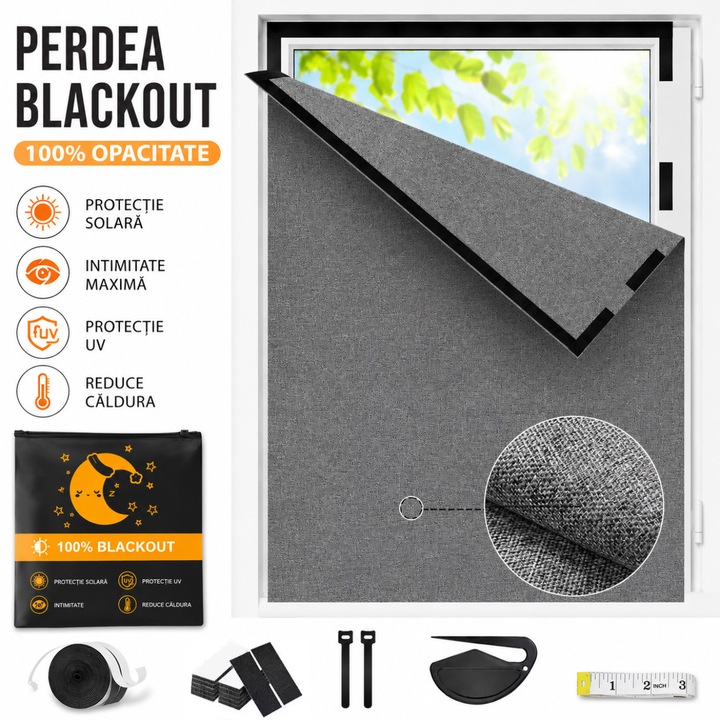 Perdea Blackout Autoadeziva Decupabila pentru Geam, Include Banda cu Arici, Decupabila la dimensiunea dorita, 100% Opaca, Material din In si Bumbac, Fara Gaurire, 200 x 150 CM, Gri