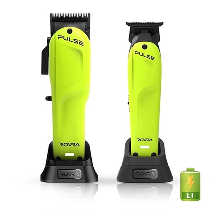 Set profesional ROVRA Pulse, Masina de tuns 7200 RPM si Masina de contur 7200 RPM, Motor Brushless si DC, Lama Faper si T-Wide din otel, Contur perfect, Tundere precisa, Fara fir, Verde