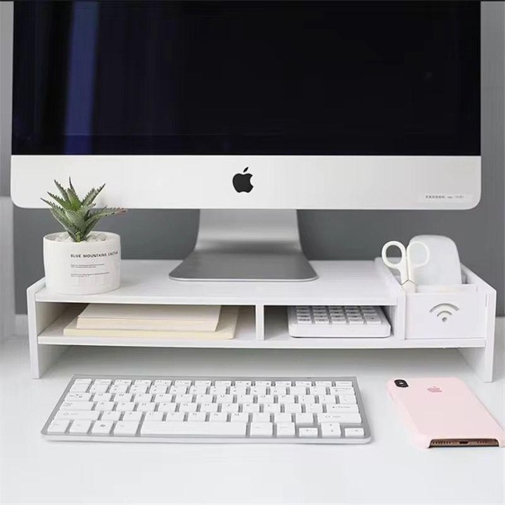 Irodai rendszerező, Durable Build, Fehér DIY irodai monitortartó fiókos rendszerezővel, billentyűzettartóval és tolltartóval - Tartós PVC asztali emelő számítógéphez, írószerekhez és kiegészítőkhöz