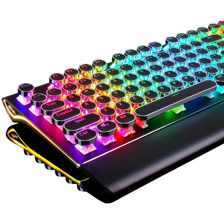 Tastatura mecanica YANYXR, retro, iluminare RGB, suport ergonomic, 108 taste, aluminiu, albastru