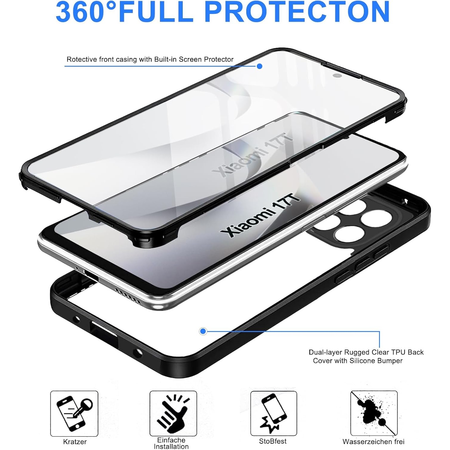 Set 360: Husa cu folie integrata pentru Xiaomi 17T Pro Protectie 360 fata / spate - negru
