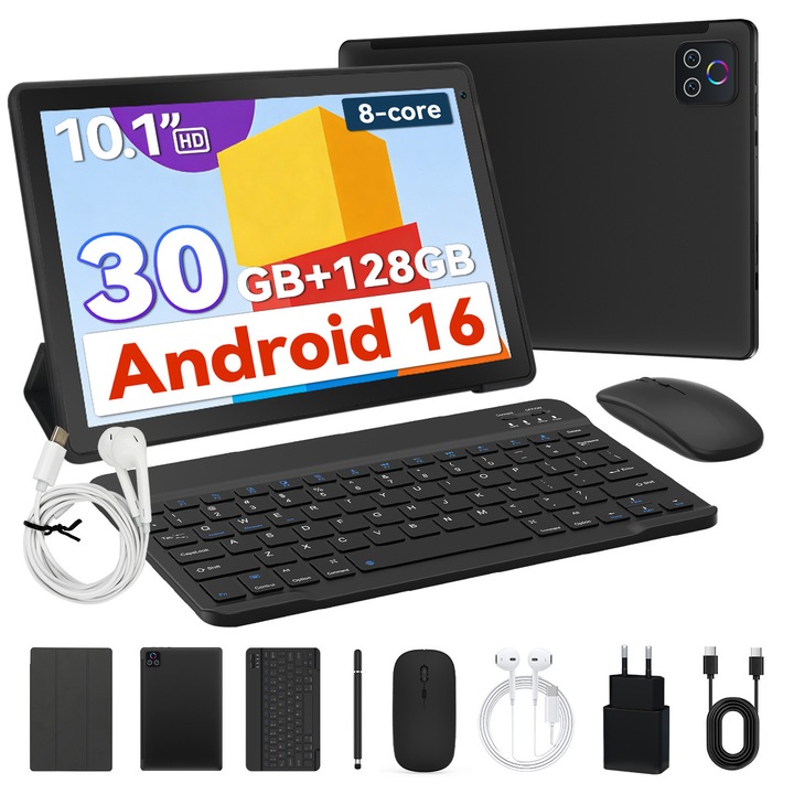 Tableta TT.KIDS X109L, Android 16, Octa-Core, 30GB RAM 128GB, Negru, 10.1 inch, Set complet accesorii