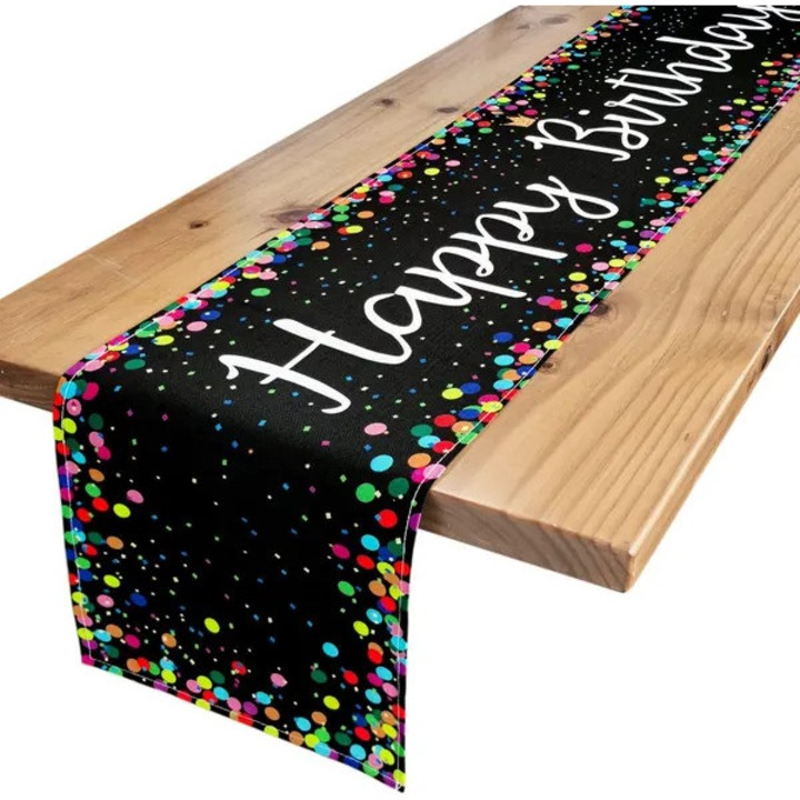 Terítő 72x183cm, Happy Birthday mintával, színes pöttyökkel, fekete