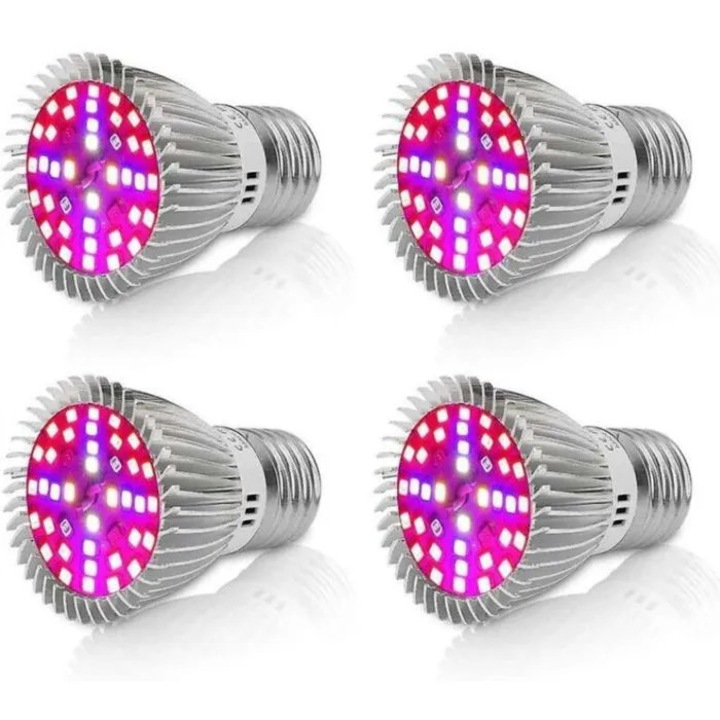 Set 4 becuri LED grow cidiscount-xwx-260814-589, E27 10W, spectru complet (15 rosii / 7 albastre + IR, UV, 2 albe, 2 alb-calduros), carcasa aluminiu cu radiator ceramic, argintiu/roz