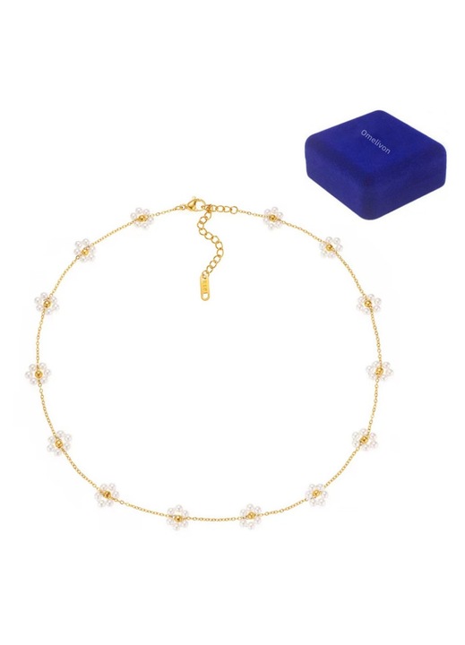 Colier cu flori de perle, Omelivon ®, otel inoxidabil aurit, lungime 41+5 cm, bijuterii dama, Cutie de Bijuterie Cadou Perfect，auriu