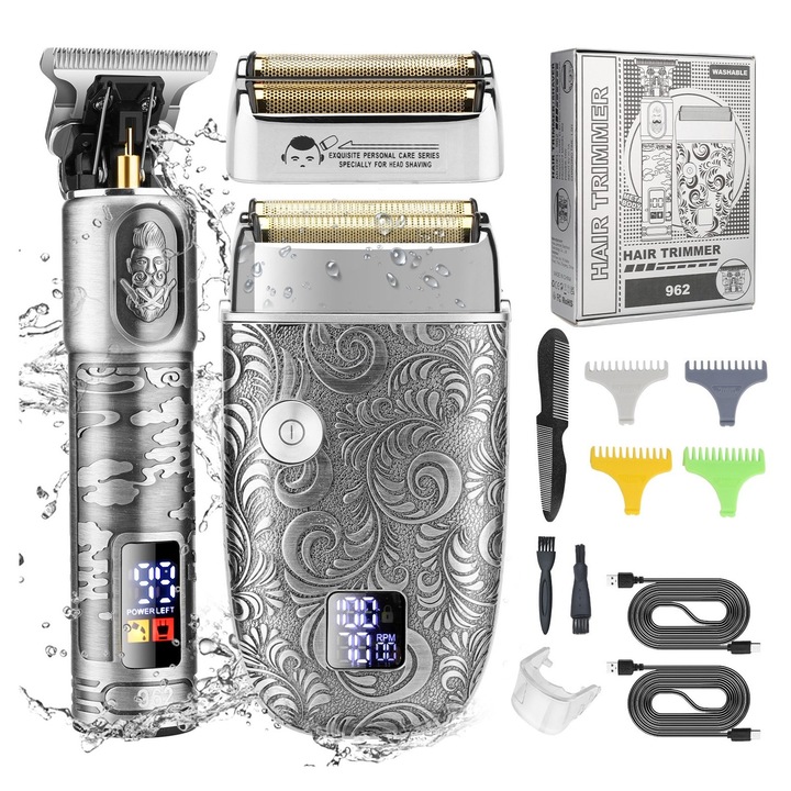 Set aparat de tuns si ras electric, metalic, 7500RPM, rezistent la apa, negru