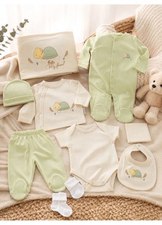 Set nou-nascut 10 piese Testoasa Verde, 100% bumbac, hainute bebe pentru maternitate, 0-3 luni, Multicolor