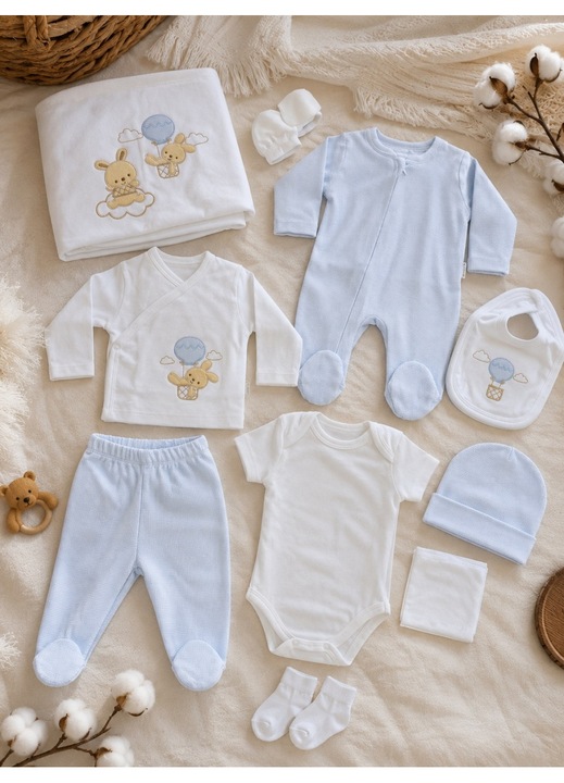 Set nou-nascut 10 piese cu salopeta bleu si iepurasi, 100% bumbac pentru bebelusi, 0-3 luni, Multicolor