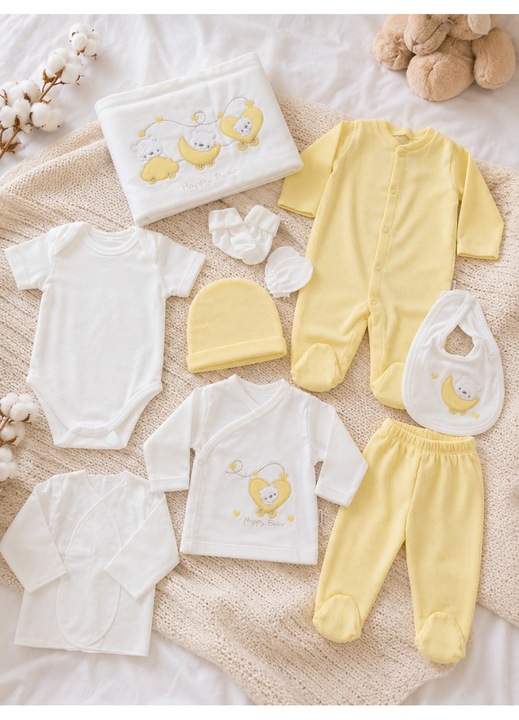 Set nou-nascut 10 piese Happy Bear galben, 100% bumbac pentru bebelusi, 0-3 luni, Multicolor