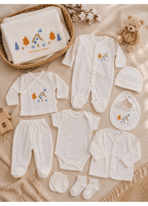 Set nou-nascut 10 piese Sweet Home, 100% bumbac, hainute bebe pentru maternitate, 0-3 luni, Alb