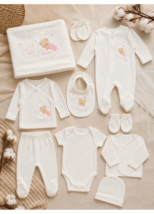 Set nou-nascut 10 piese Ursulet Sweet Dreams, 100% bumbac, hainute bebe pentru maternitate, 0-3 luni, Alb
