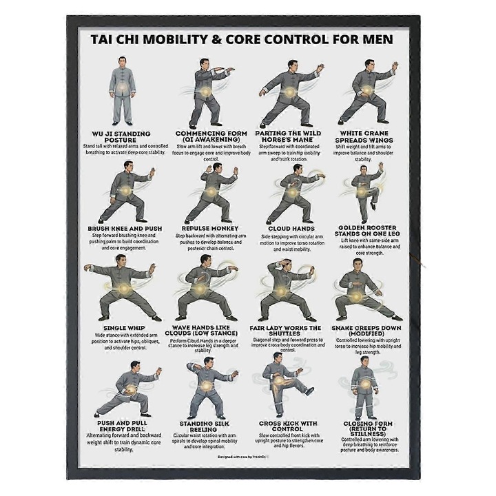 Poster exercitii Tai Chi pe scaun, 16 pozitii, canvas, 30x40cm