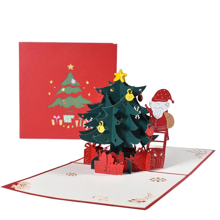 2 db 3D karácsonyi üdvözlőlap szett YANYXR, fa, rénszarvas, Mikulás, többszínű, 15x10cm