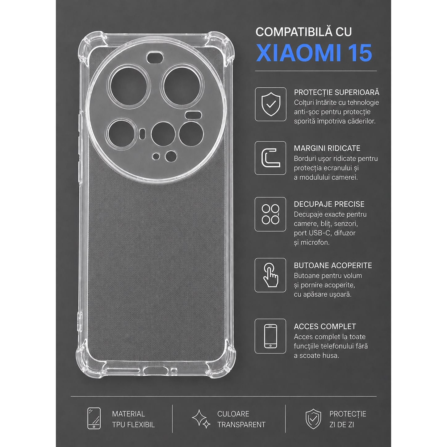 Husa protectie Mat-Tech compatibila cu Xiaomi 15 Ultra, Protectie Camera, Margini ridicare Ecran, Colturi anti-soc, Rezistenta la impact, Transparenta