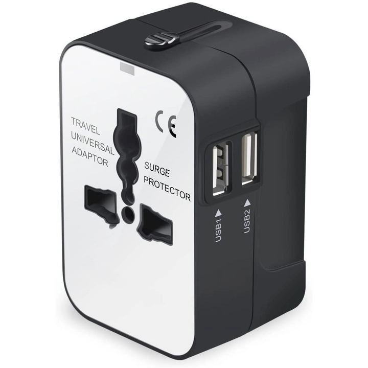 Adaptor de calatorie ZYBLSSBB LSM2xh10434-BCS0065839-2, universal 4 prize (US/EU/UK/AU), 2x USB, protectie la supratensiune si fusibil, negru/Alb