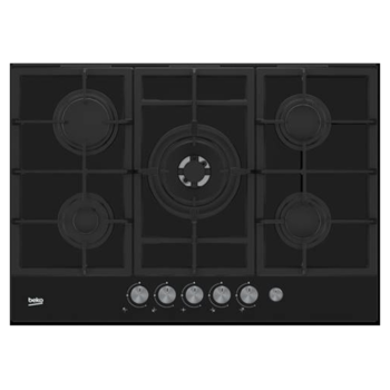 Plita incorporabila pe gaz, Beko HILW 75235 S, 5 arzatoare, Aprindere electrica prin scanteie, 75 cm, Negru