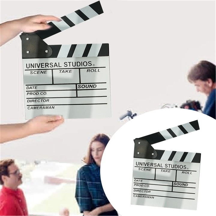 Clapperboard pentru film ZYBLSSBB LSM2xh4879-BCS0257702, din lemn cu clapeta articulata, alb, 20 x 20 x 2 cm
