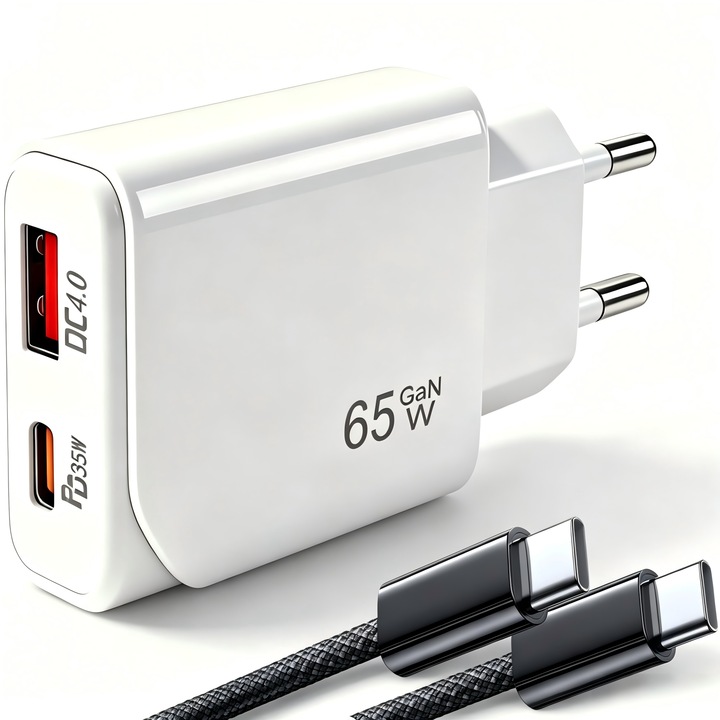 GaN зарядно устройство с два порта 65W, EleYak®, USB-A + Type-C зарядно за стена, захранващ адаптер за пътуване, PD, съвместимо с лаптопи, телефони, таблети, игрови конзоли