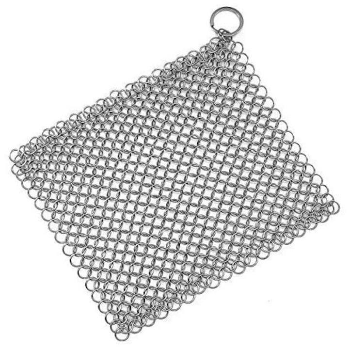 Curatator chainmail pentru tigai din fonta ZYBLSSBB LSM2xh12166-BCS0073698, 316 otel inoxidabil, lavabil in masina de spalat, cu inel de prindere, argintiu, 18 x 18 cm (7 x 7 in)