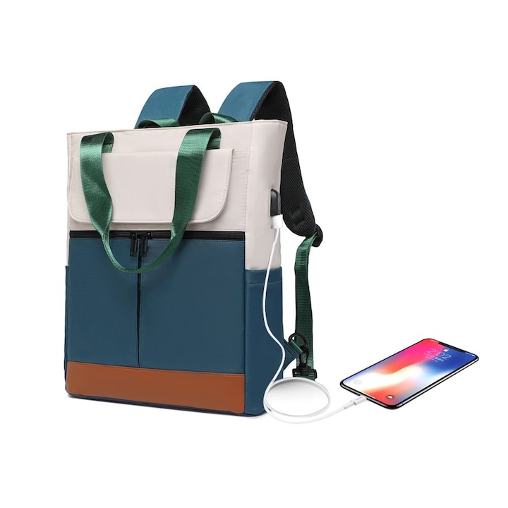 Rucsac laptop 2in1 convertibil, verde, 29x18x43cm, cu port USB