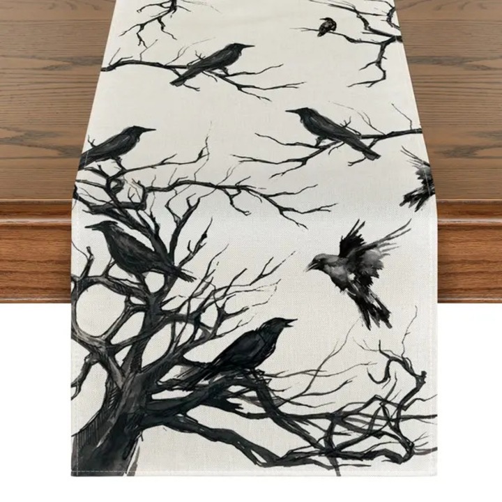 ISINI-CJ-K0497-260826-5593 asztali futó holló és ág sziluettekkel, krém/fekete, 33 x 183 cm, poliészter