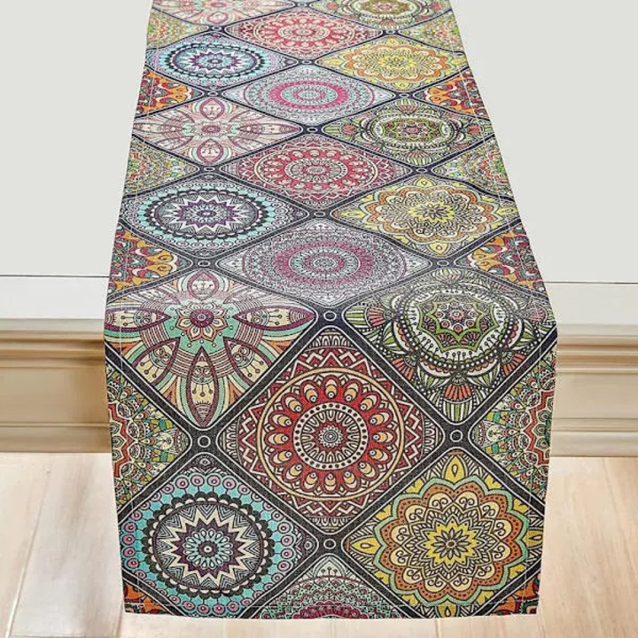 Asztalterítő, boho, vintage, geometrikus, barna, 33x183cm
