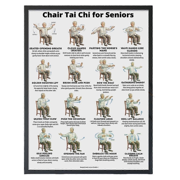 Poster exercitii Tai Chi pe scaun, 16 pozitii, canvas, 30x40cm